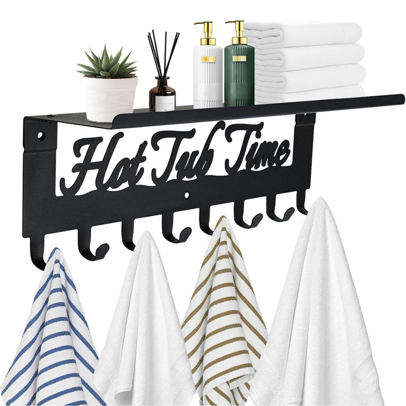 Porte-serviettes mural noir, porte-serviettes en métal 16 po avec tablette et 8 crochets pour bain à remous