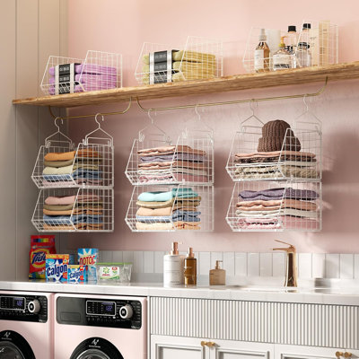 6 Tier Closet Hanging Organizer, Clothes Hanging Shelves With 4 Hanging Hooks 5 S Hooks, Wire Storage Basket Bins, For Clothing Sweaters Shoes Handbags Clutches Accessories Patent
