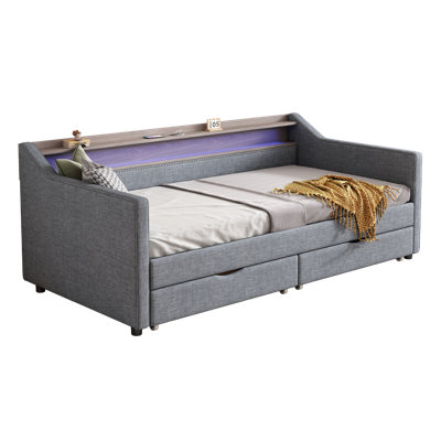 Daybed With 2 Storage Drawers And 2-Tier Shelf & /USB/Type-C Port, Modern Linen Upholstered Sofa Day Bed Frame With  Smart LED Light