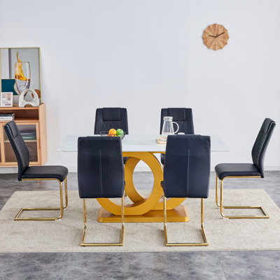 Ivy Bronx Mid-Century Modern 63"  Rectangular White Marble-Effect Glass Dining Set with Pedestal Base & Faux Leather Chairs  （Set of 7）