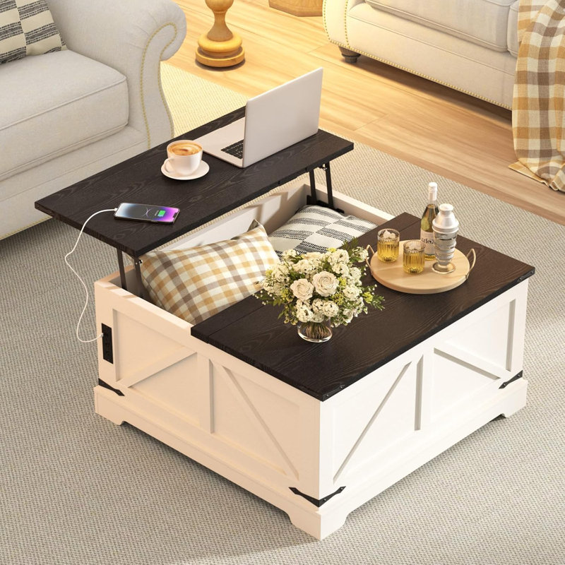 Table basse avec rangement, table centrale carrée rustique avec station de charge et couvercles rabattables pour le salon ou le bureau personnel, blanc rustique