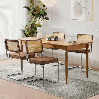 Rattan Back Upholstered Velvet Dining Chair with Chrome Legs