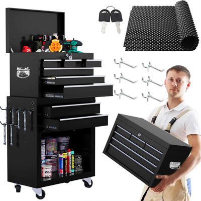 Coffre à outils roulante à 8 tiroirs – Coffre à outils verrouillable 2 en 1 avec roulettes, tiroirs coulissants et couvercle amovible – Armoire de rangement pour garage et atelier, noir