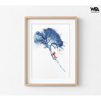 Renard, reproduction d'art murale, art de chambre d'enfant encadré, art mural arbre bleu, décoration murale nature, art mural encadré, art mural surdimensionné, art mural grand