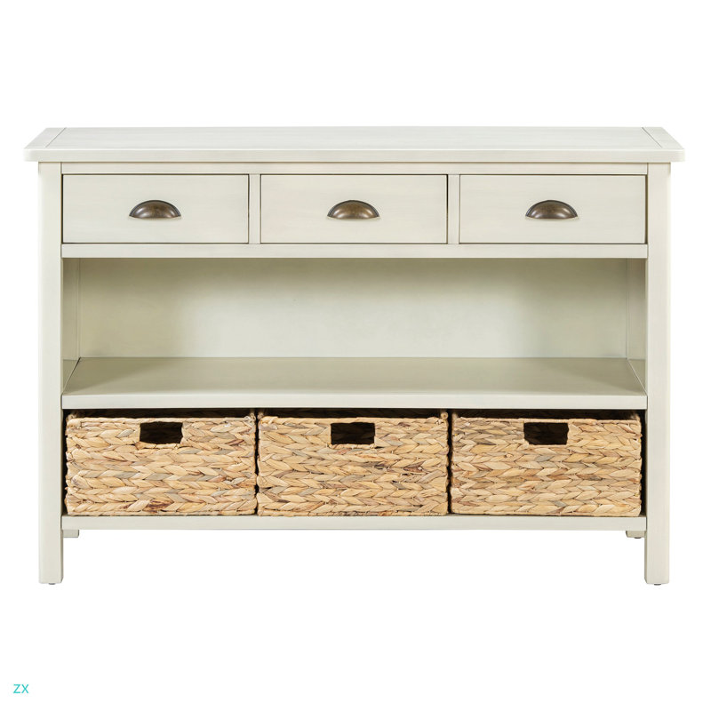 Retro Console Table With 3 Storage Drawers, Entryway Table With 3 Water Hyacinth Woven Baskets,Wooden Accent Sofa Table Buffet Cabinet For Entryway, Hallway And Living Room