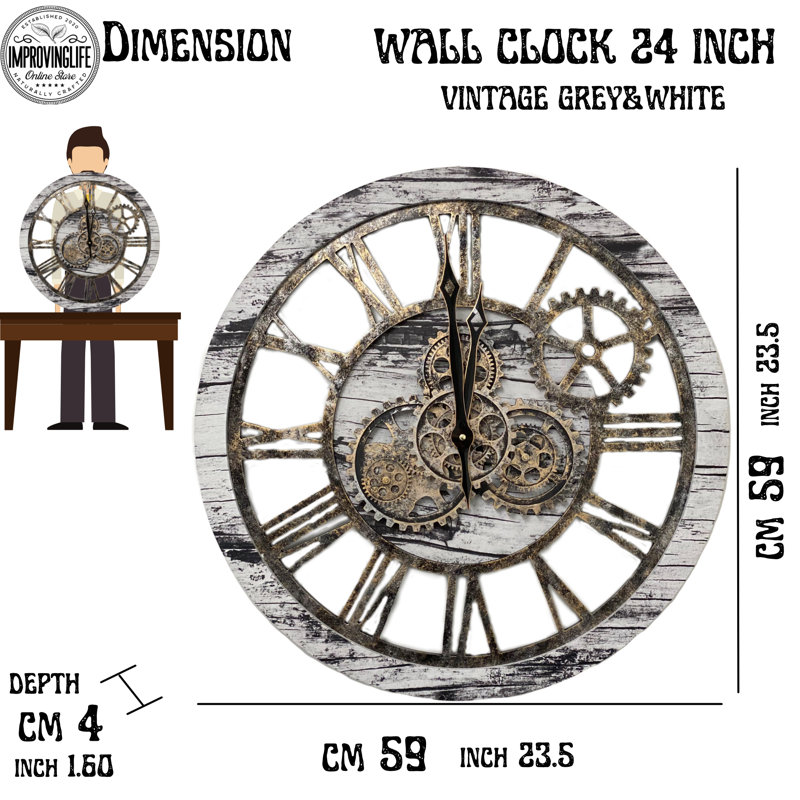 Oversized Grey and White Industrial Gear Wall Clock