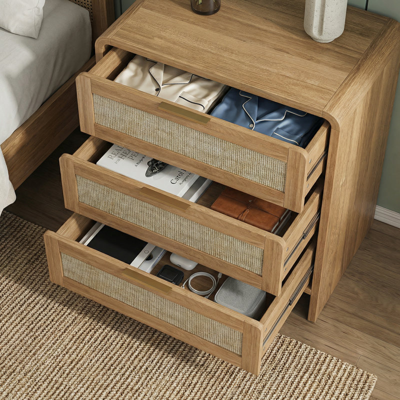 Rattan Nightstand with 3 Drawers & Silent Rails, Modern Bedside Table with Curved Design and Gold Handles for Bedroom, 1