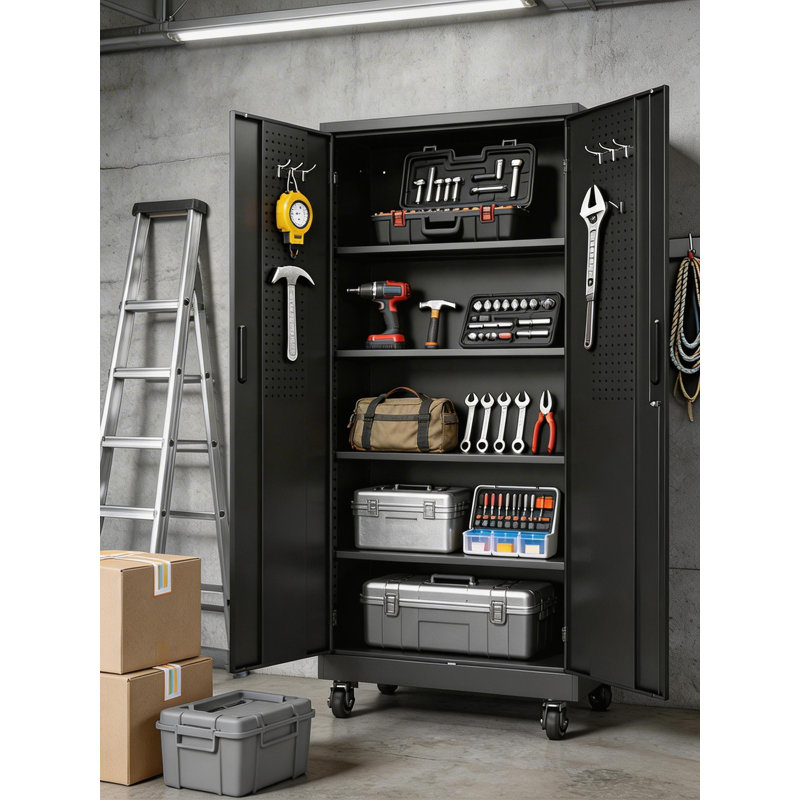 Black Steel Heavy-Duty Garage Locker With Door, Casters, 4 Adjustable Shelves, Lockable Tool Cabinet, Includes Hanging Panel And 8 Strong Hooks.