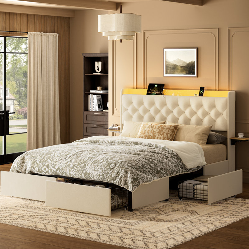 Lit plateforme tapissier Coba avec tiroirs de rangement et station de charge, Beige, Grand lit