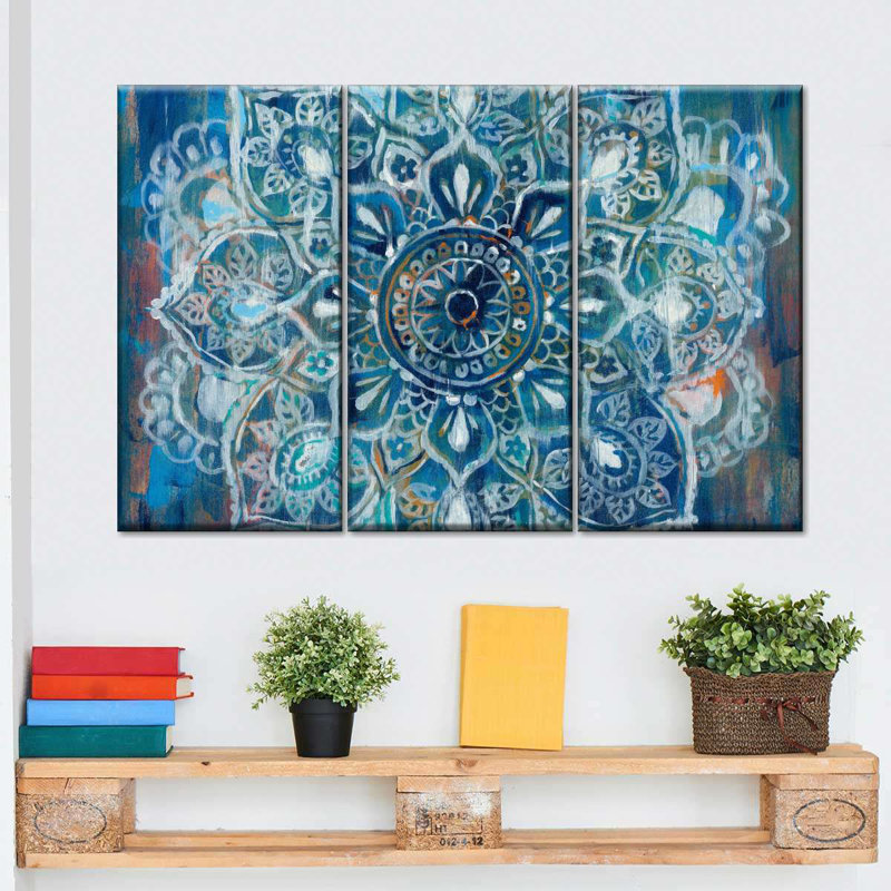 Ensemble de 3 pièces Mandala en bleu II sur toile, H 24 po x l 38 po x P 1,25 po