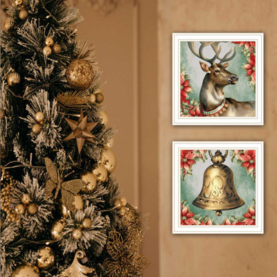 The Holiday Aisle® 2 pièces Vignette Old World Reindeer & Bell, art mural encadré pour le salon, impression d'art mural des Fêtes pour la décoration intérieure, art mural de chambre à coucher par Nicole Decamp