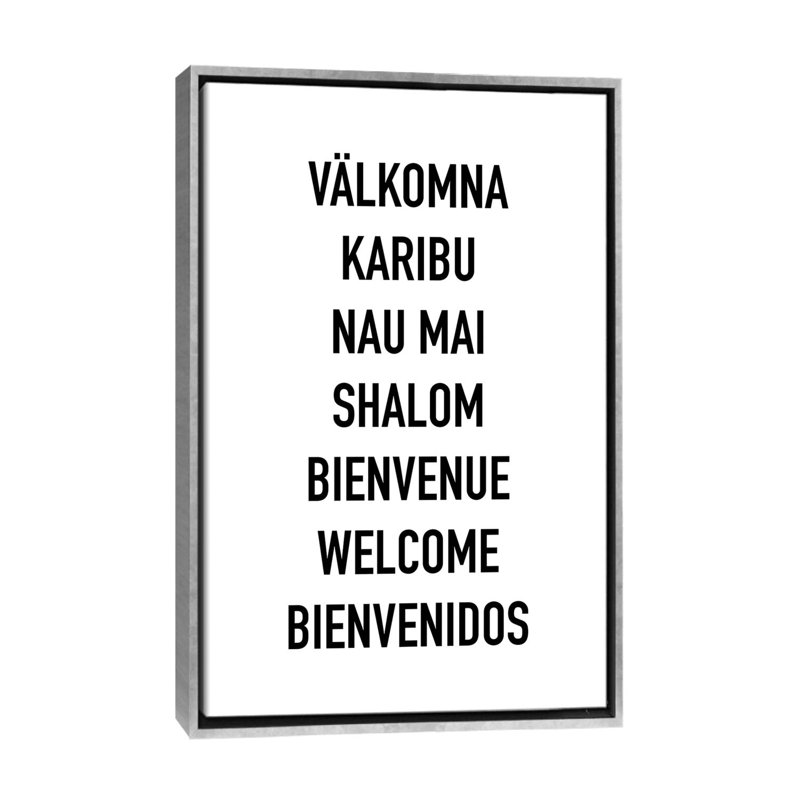 Welcome languages-impression d’art textuel, Pas de tapis, H 60 po x l 40po x P 1,5 po, Toile avec cadre argenté