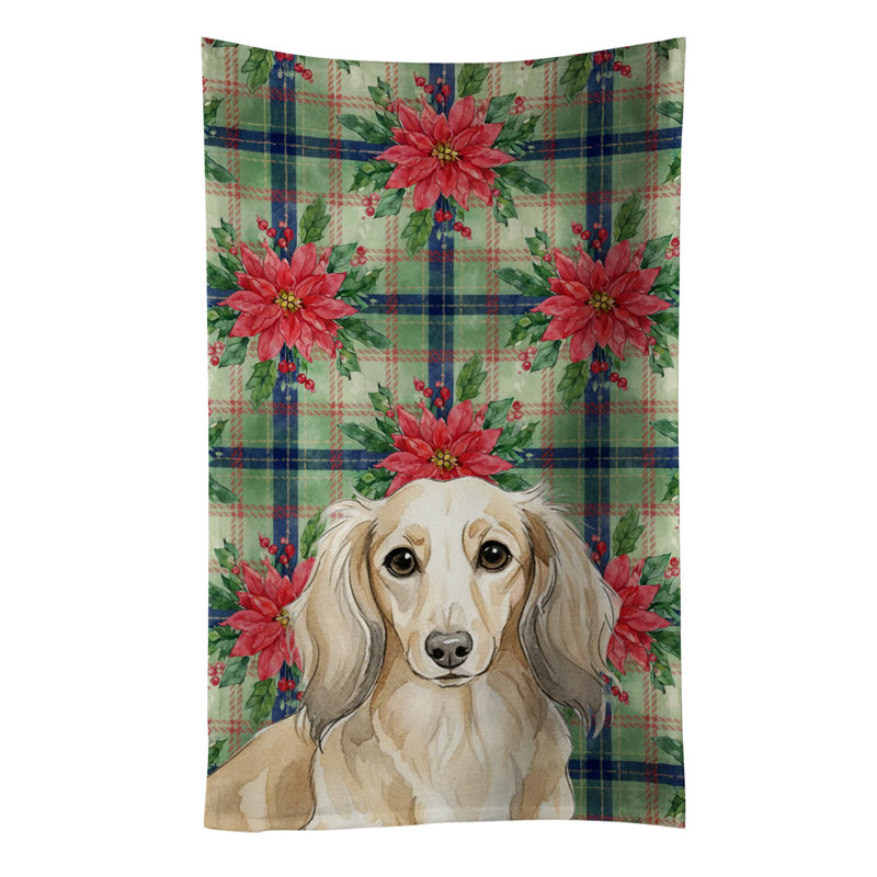 Longhaired Cream Dachshund Christmas PoinsettIas Kitchen Towel, Longhaired Cream Dachshund