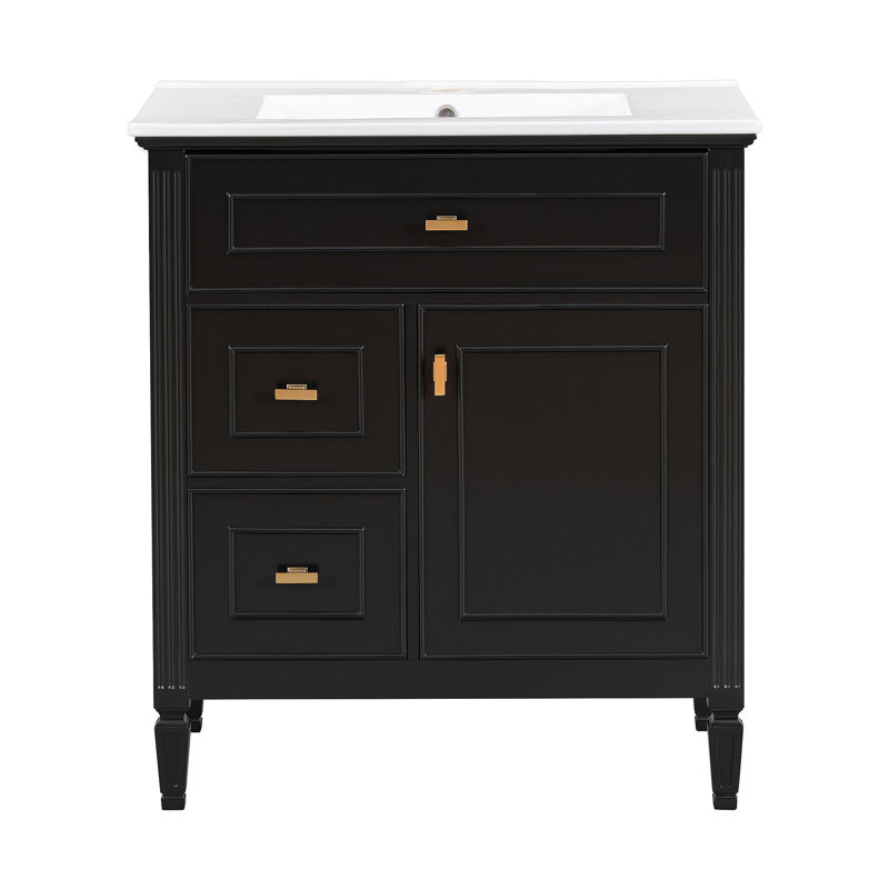 Meuble-lavabo de 30 po avec lavabo, meuble-lavabo avec un tiroir rabattable et deux tiroirs, tablette réglable, bois massif et panneau de fibres à densité moyenne, noir