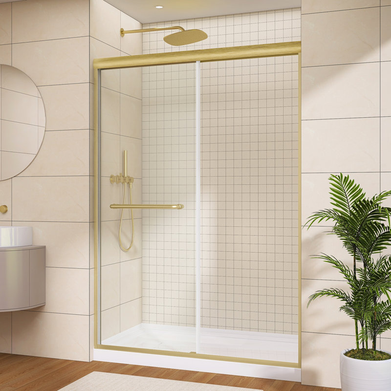 50'' - 54" W X 75'' H Double Sliding Shower Door Modern Framed Aluminum Bypass Door with 5/16'' Tempered Glass in Brushed Gold