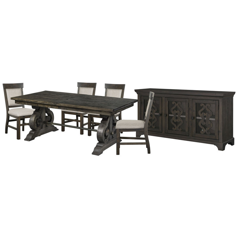 Extendable Rectangular Dining Table With 4 Upholstered Side Chairs And Server, 6 Pieces: Table, Server, 4 Chairs