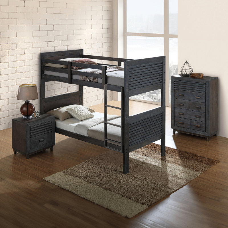Lit simple superposé au dessus d'un lit superposé transitionnel en bois massif brun anthracite, réversible, conception à lattes, tête de lit à panneau, joint, chambre à coucher avec finition brune, tête de lit et mobilier convertible