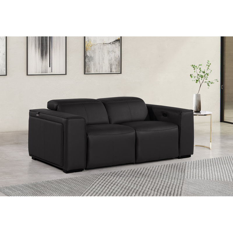 Top Grain Italian Leather Modular Power Dual Reclining Loveseat With Power Headrests, Black