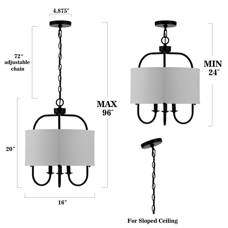 Luminaire suspendu tambour simple à 3 lumières Firsdon, Noir