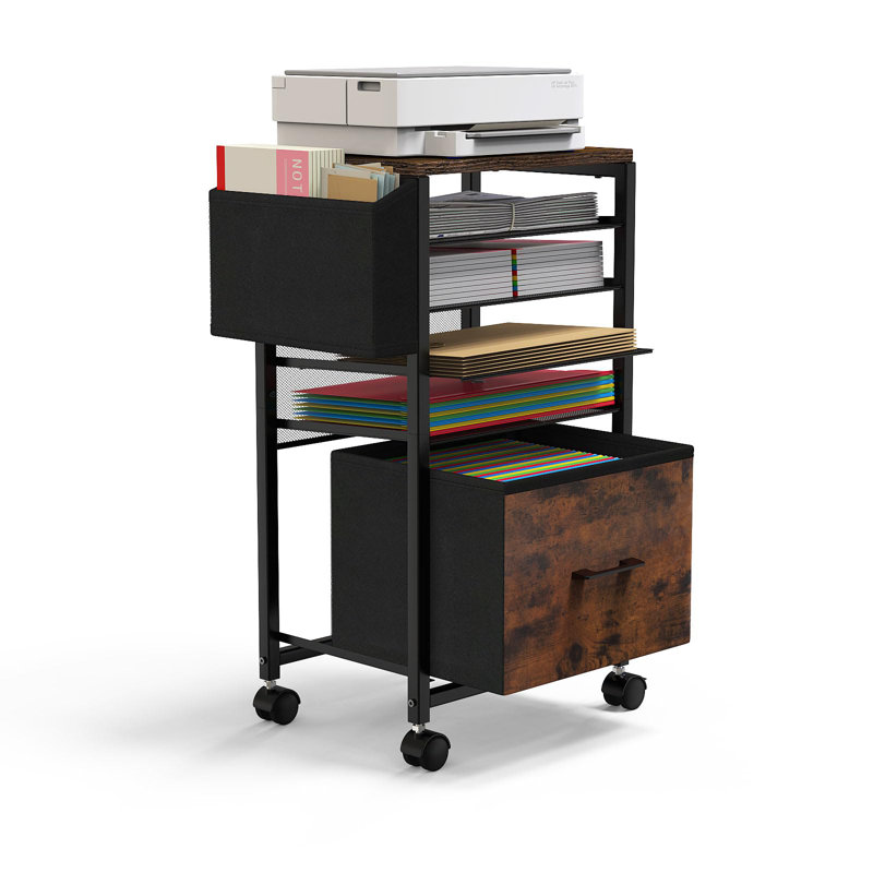 5-Tier Rolling File Cart With Hanging File Folders, Sliding Drawers, Side Bag For Office Organization