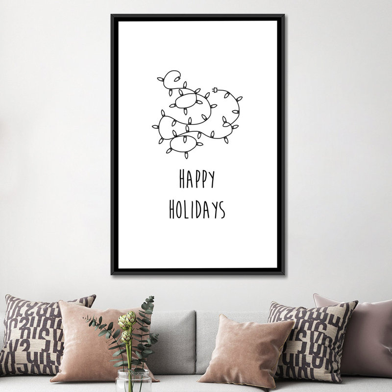 « happy fêtes », art textuel sur toile, H 26 po x l 18 po x P 1,5 po, Toile avec cadre noir, Pas de tapis