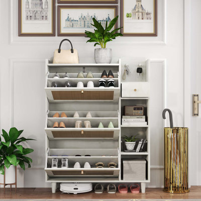 Armoire à chaussures de style, armoire à chaussures avec 3 tiroirs rabattables en rotin, 3 tablettes carrées et 1 tiroir de rangement, range-chaussures avec espace de rangement Mulit et crochets pour le couloir