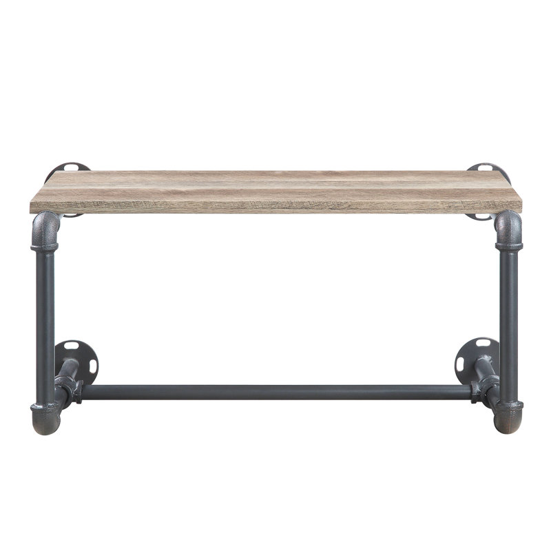 Tablette murale industrielle en bois de chêne et gris sablé avec structure en métal et support en bois pour le rangement des accessoires de salle de bain