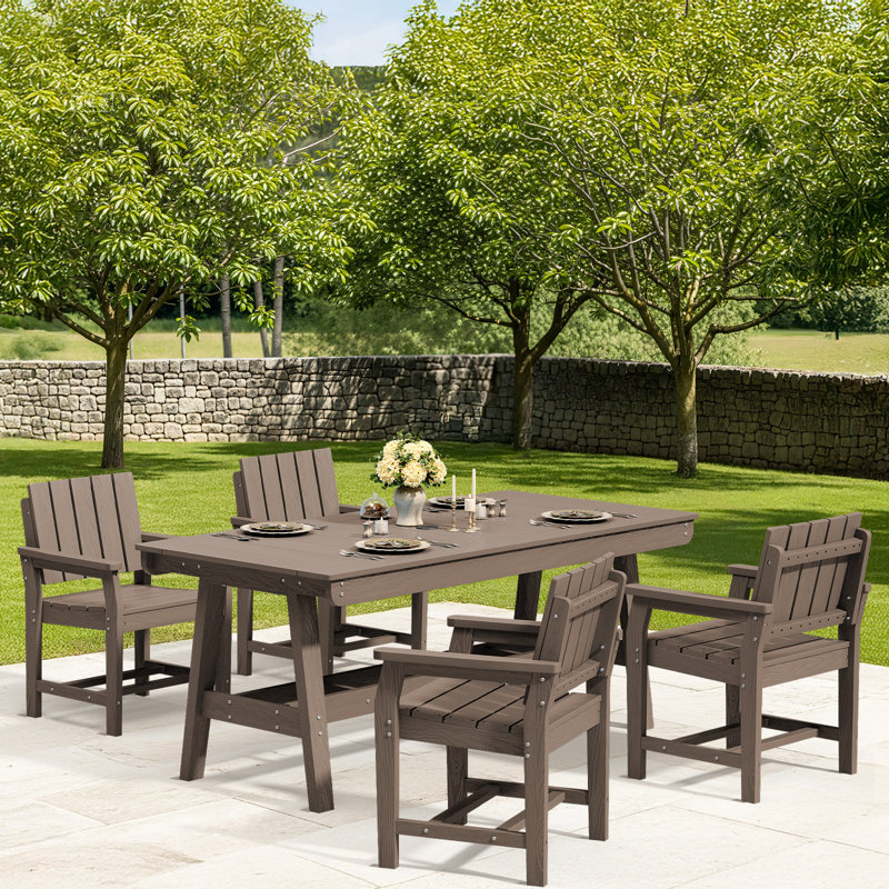 HDPE Outdoor Dining Set, 5-Piece Patio Table And Armchair Set With Umbrella Hole – Weather-Resistant, Coffee