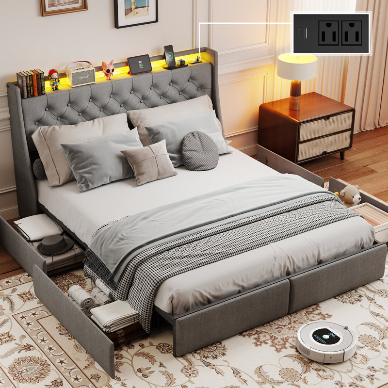 Structure de lit double tapissier Lorisa, lit avec 4 tiroirs de rangement, station de charge (2 USB), lumières DEL et tête de lit avec rangement