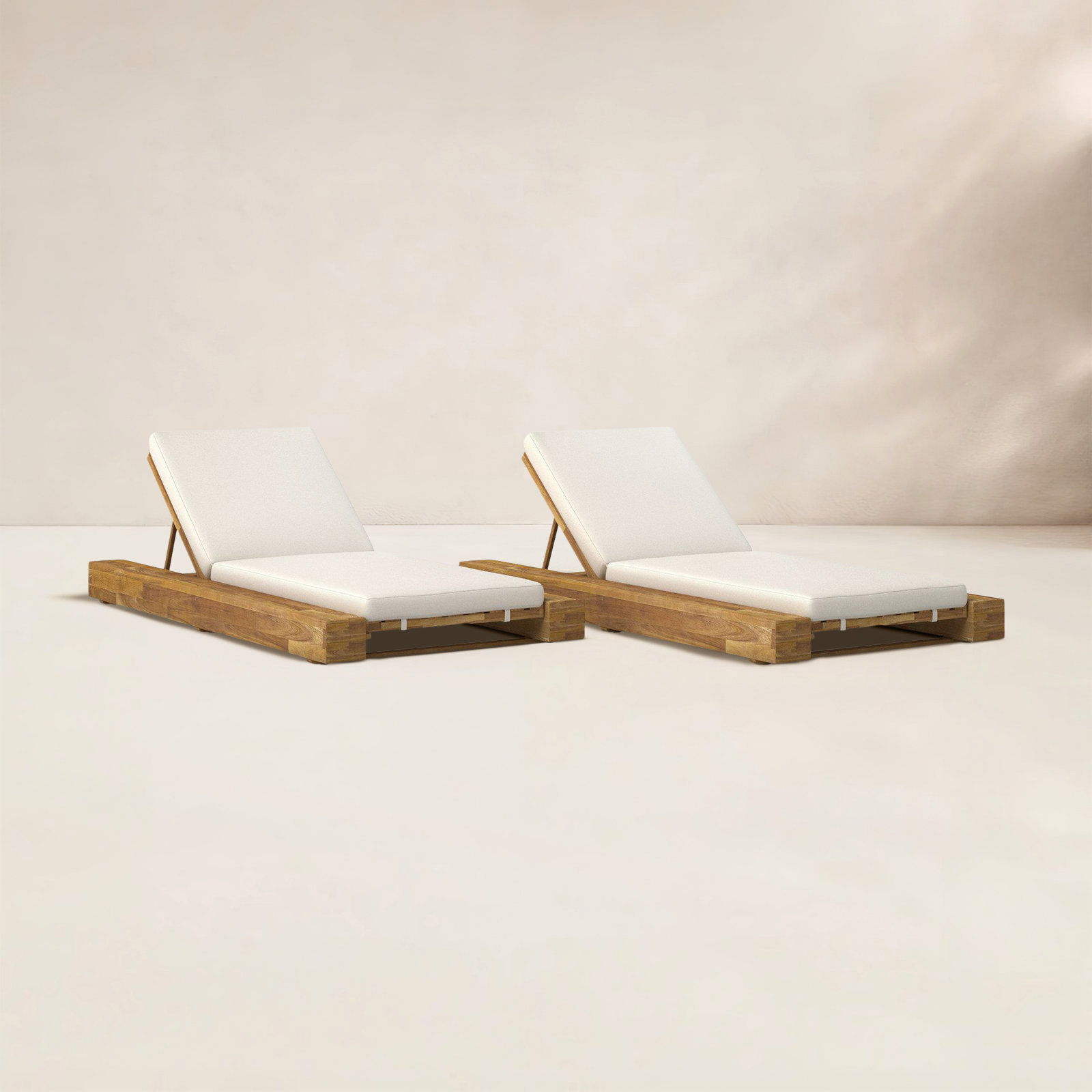 Donnie 39" Acacia Patio Chaise Lounge Set, Sandblast Teak Frame / Cream Cushion, 2