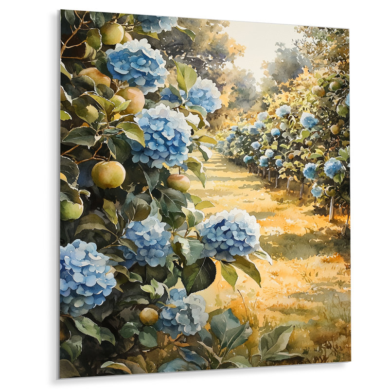 Hydrangeas in the Apple Orchard I - Hydrangea, impression murale sur métal, H 20 po x l 12 po