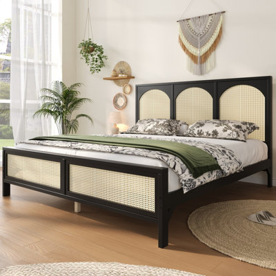 Queen Size Wood Platform Bed with Rattan Headboard and Footboard, Black+Beige