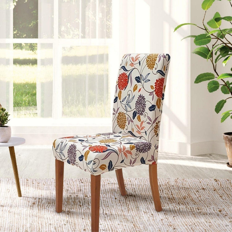 Box Cushion Dining Chair Slipcover, Beige/Red/Purple Polyester Blend