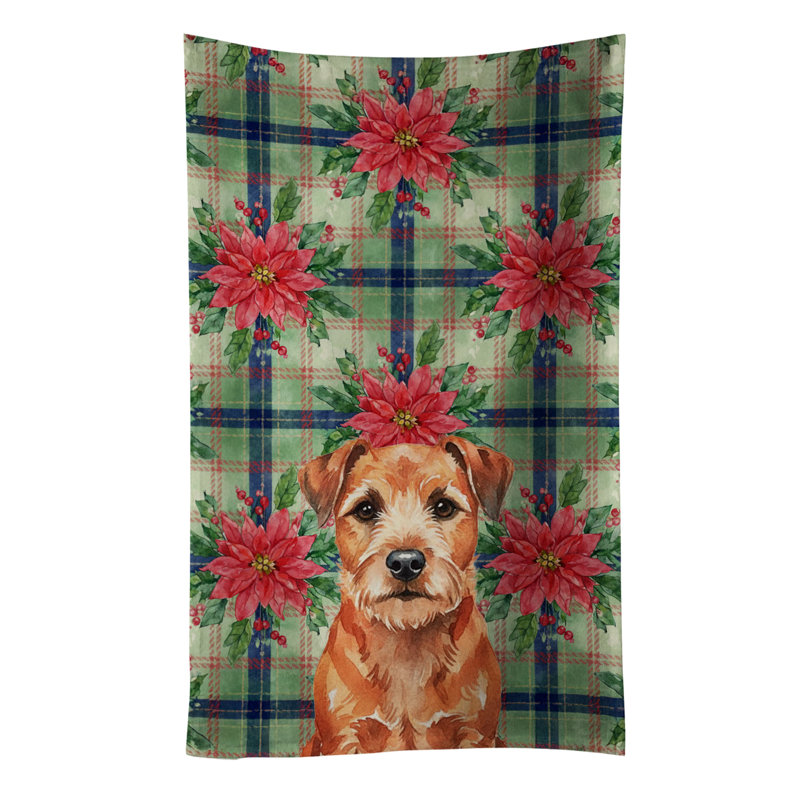 Red Border Terrier Christmas PoinsettIas Kitchen Towel, Red Border Terrier