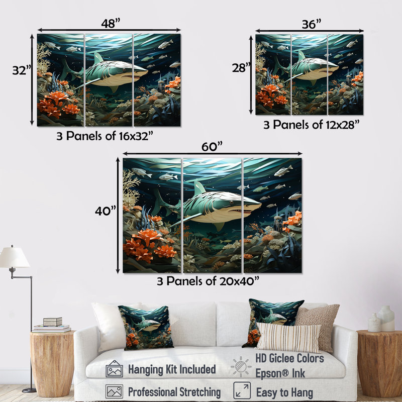 «Coral and Sharks Collage Symetry II - Coastal Coral Under Water», ensemble d'art mural, H 28 po x l 36 po