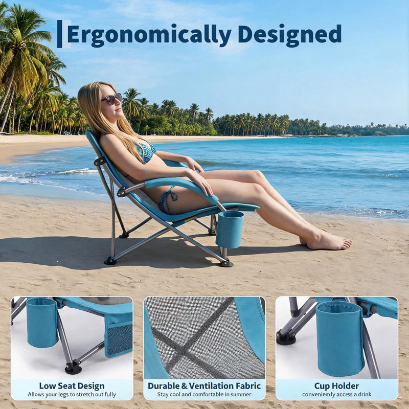 Low Folding Beach Chair, with Cup Holder, 2