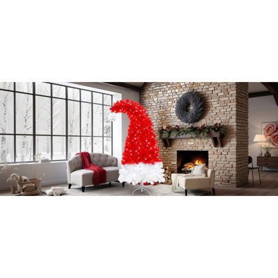 Arbre de Noël artificiel de 6 pi avec 300 lumières à DEL blanc froid, 1050 pointes de branches à charnières rouges et pour animaux de compagnie, conception en forme de chapeau courbé, support en métal de décoration intérieure à branches fantaisistes