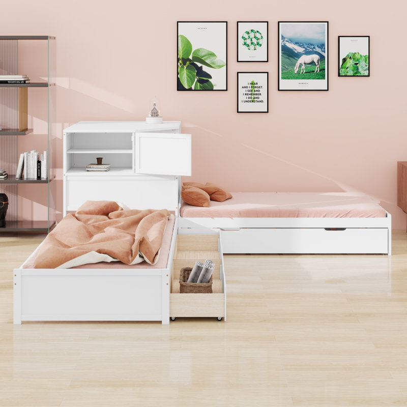 Lit en L avec tiroir de rangement, lit gigogne, bureau et éclairage à DEL pour les petites pièces, Blanc