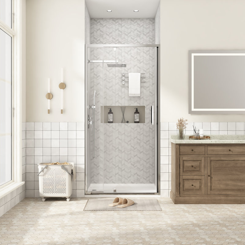 Porte de douche pivotante avec cadre en chrome 32-36 "x H 72" avec verre trempé transparent 1/4 ", film anti-éclatement et revêtement facile à nettoyer