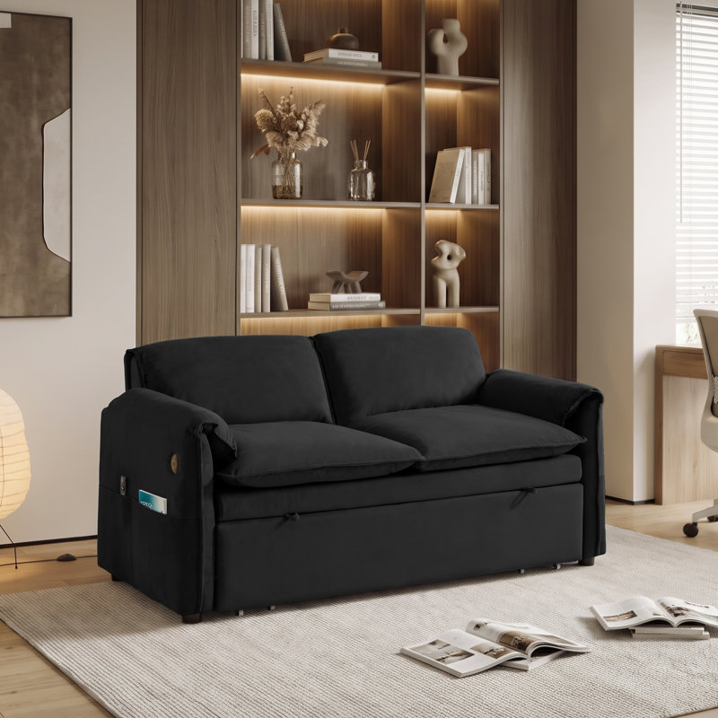 Canapé-lit convertible 3 en 1 avec dossier réglable, chargeur USB et poches latérales, Noir