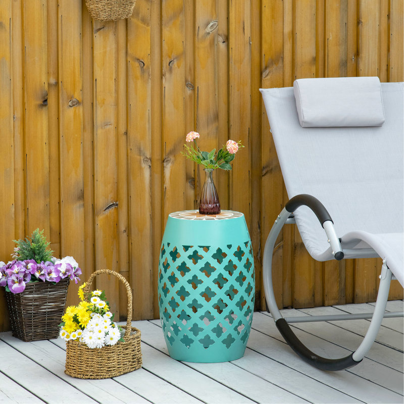 12" Patio Round Side Table, Outdoor Footstool, Garden Mosaic Accent Side Table, Plant Stand, Blue
