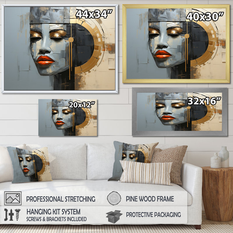 «Gray Gold Paint Collage Portrait», reproduction d'art sur toile, Cadre photo argenté, H 34 po x l 44 po x P 1,5 po