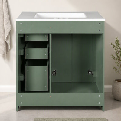 Ensemble de meuble-lavabo 30 po avec lavabo en céramique, armoire de rangement en bois massif, ensemble de meuble-lavabo autoportant avec 3 tiroirs et portes à fermeture douce