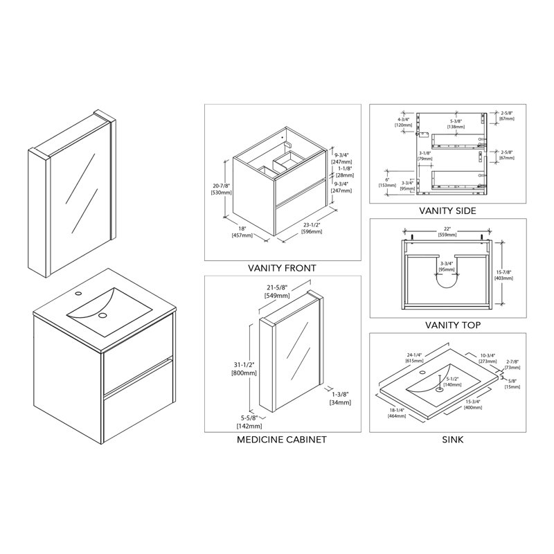 Ensemble de meuble-lavabo simple mural 24 po Oquendo, Blanc lustré