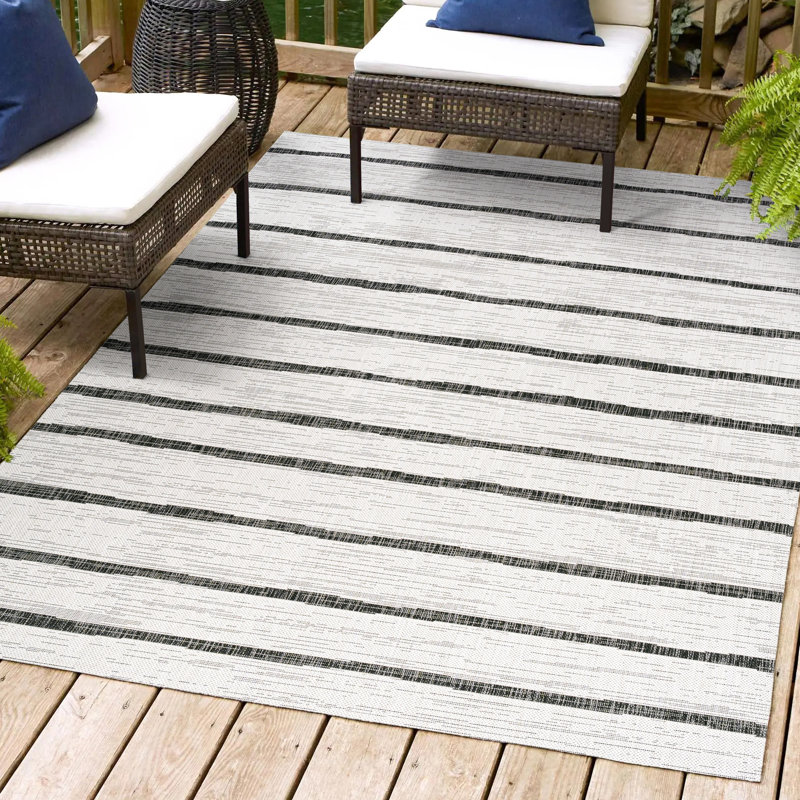 Sieghard Berber Stripe Ivory/Black Indoor/Outdoor Rug, Rectangle 6' x 9'