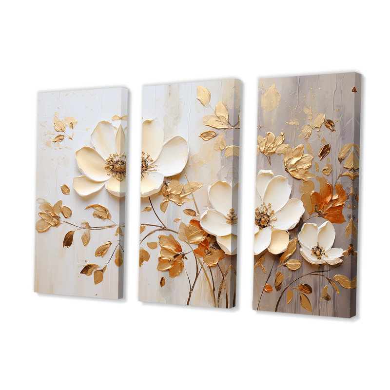 Fleurs saisonnières beiges et dorées Blooming I - ensemble d'art sur toile Fleurs saisonnières, H 32 po x l 48 po x P 1 po