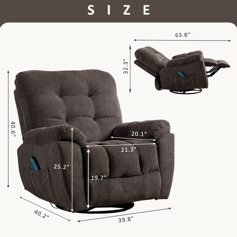 Fauteuil inclinable manuel pivotant surdimensionné de 39,8 po avec massage et chauffant, Brun