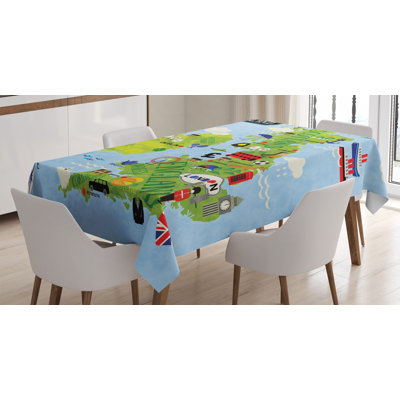 Ambesonne Wanderlust Tablecloth, Cartoon Maps Of Britain And Ireland Children Landmarks Illustration, Rectangular Table Cover For Dining Room Kitchen Decor, 52" X 70", Pale Blue Apple Green
