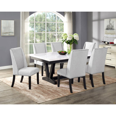 1 table de salle à manger moderne transitionnelle formelle en marbre véritable blanc avec plateau en tréteaux et pieds en bois noir