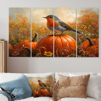 Robin Bird In The Pumpkin Patch I - Bird Wall Art - Modern Wall Art Canvas